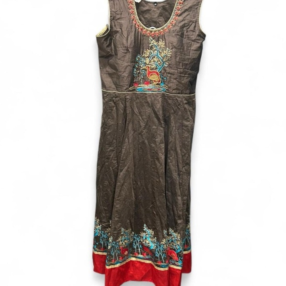 Super detailed beaded & Embroidered crane dress in‎ Brown and Red